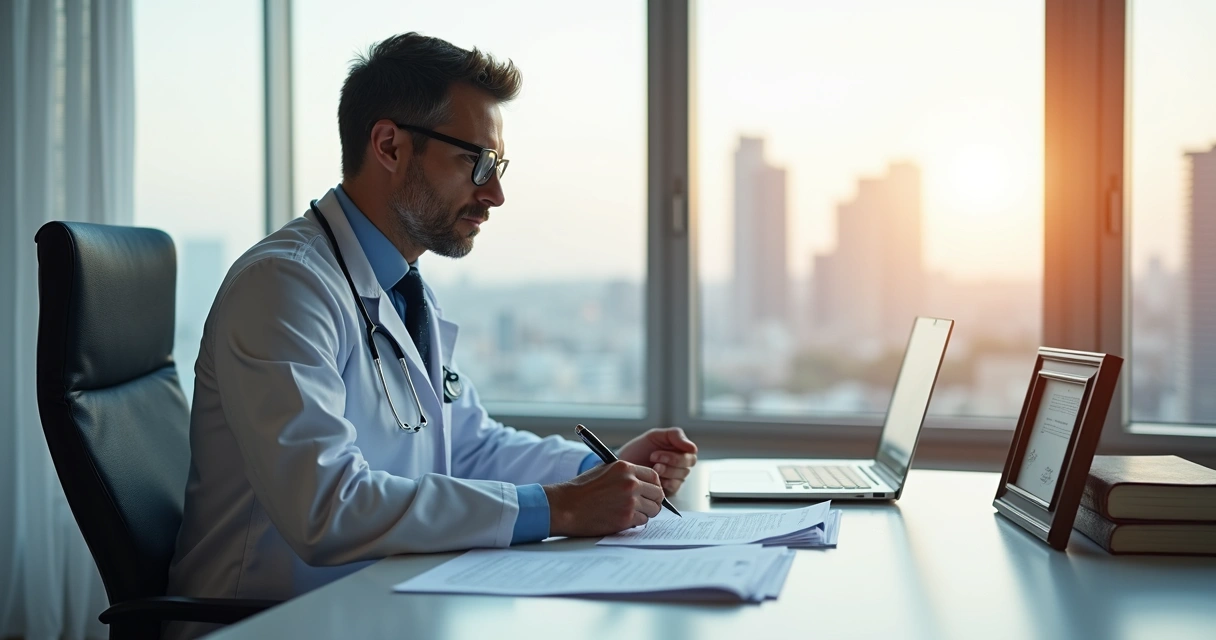 Médico segurando documentos legais em escritório moderno com expressão focada 