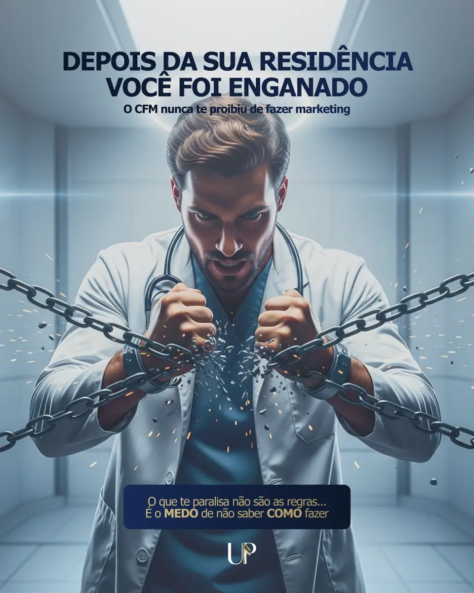 Médico quebrando correntes com expressão de determinação
