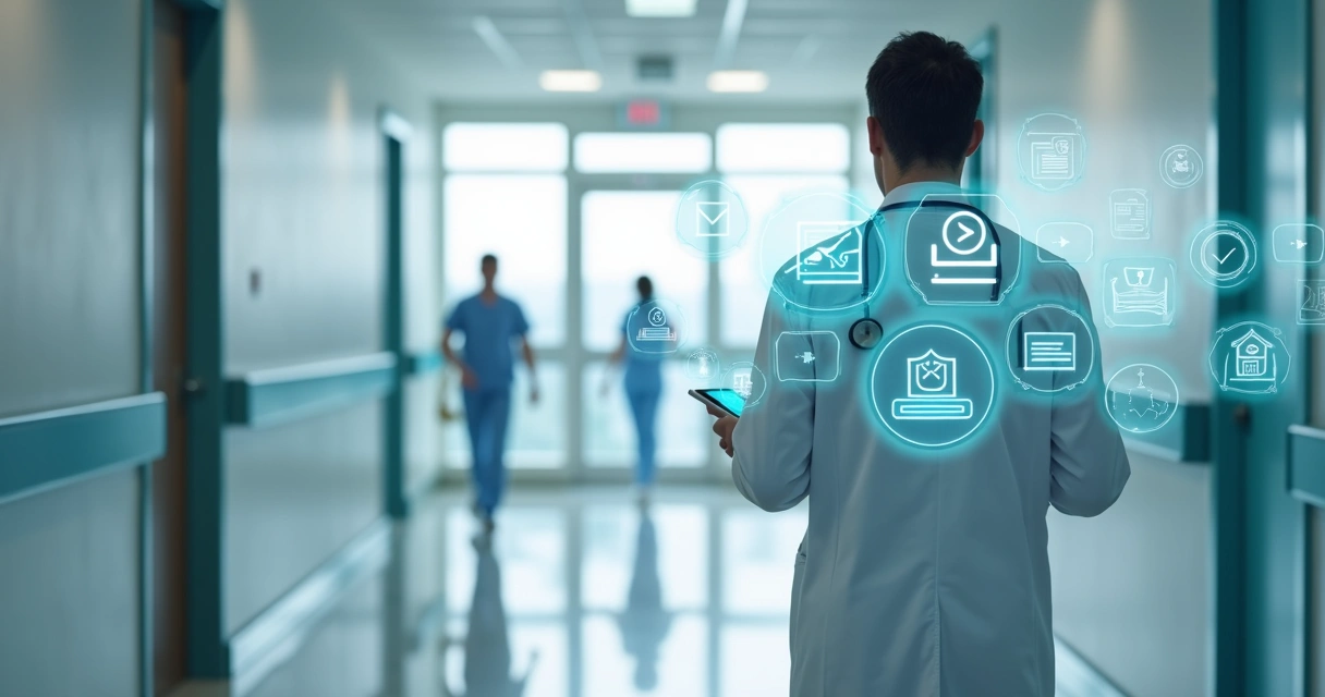 Profissional médico caminhando em corredor de hospital com ícones de proteção digital 