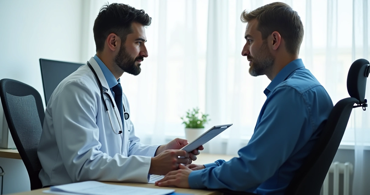 Médico realizando exame ocupacional em trabalhador sentado, computador ao fundo 