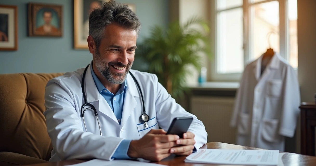 Médico em casa feliz ao receber comprovante de pagamento