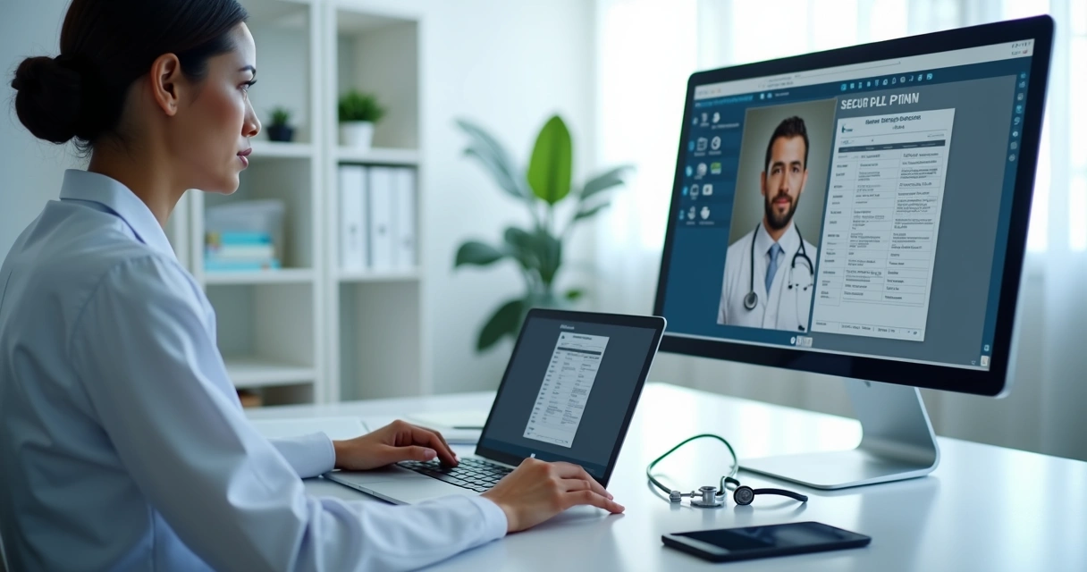 Médico em videochamada emitindo receita digital no notebook