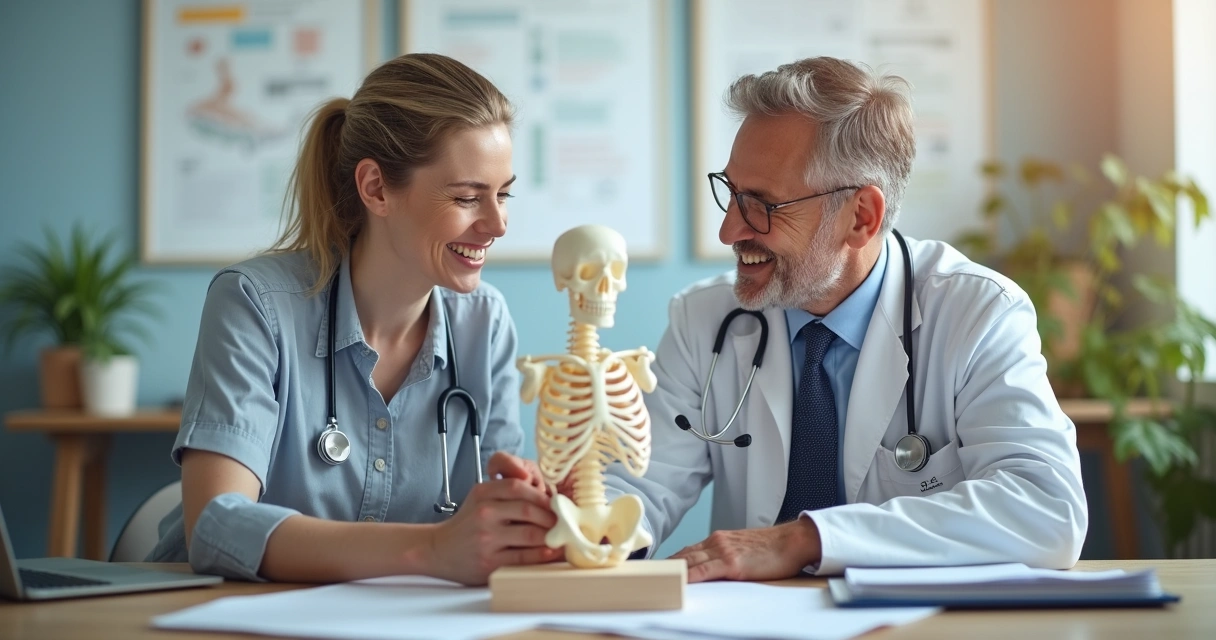 Médico com modelo de ossos segurando mão de paciente em consultório