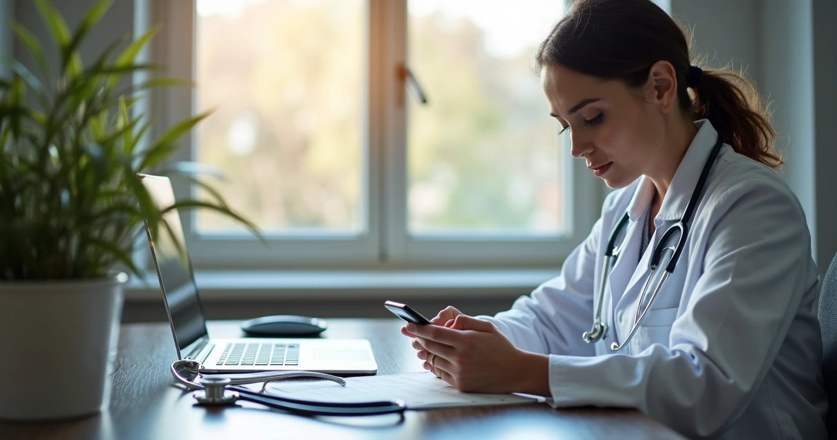 Médico interagindo com seguidores em redes sociais no consultório 