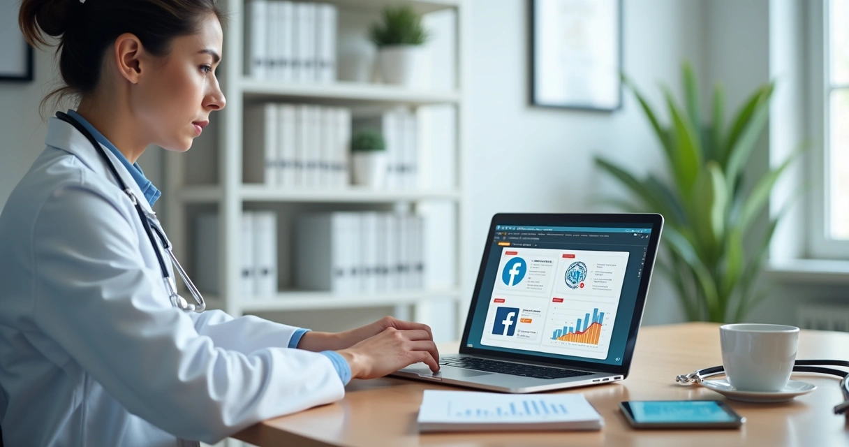 Médico usando notebook para gerenciar redes sociais no consultório 