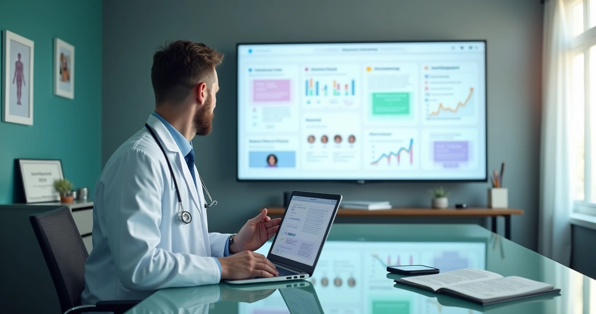 Médico analisando redes sociais profissionais em tela grande no consultório 