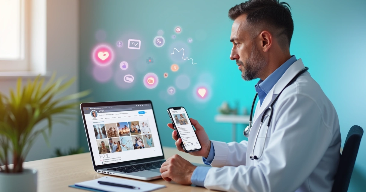 Médico em consultório usando Instagram no notebook e no celular mostrando perfil profissional 