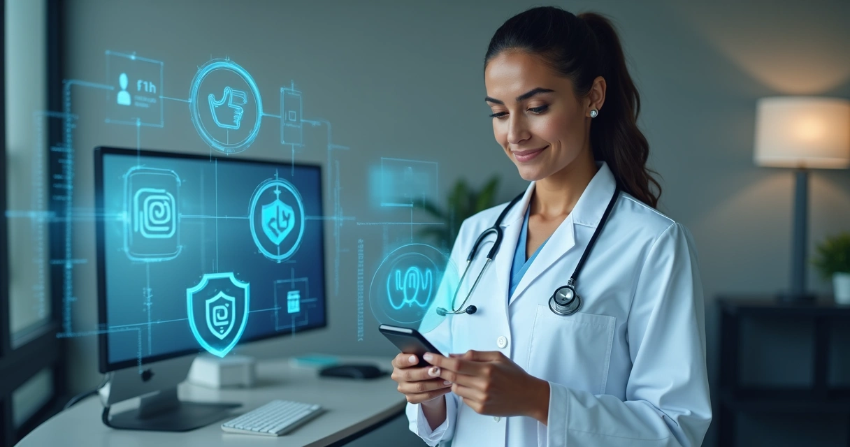 Profissional da saúde utilizando smartphone em ambiente de consultório, com símbolos de redes sociais ao redor 