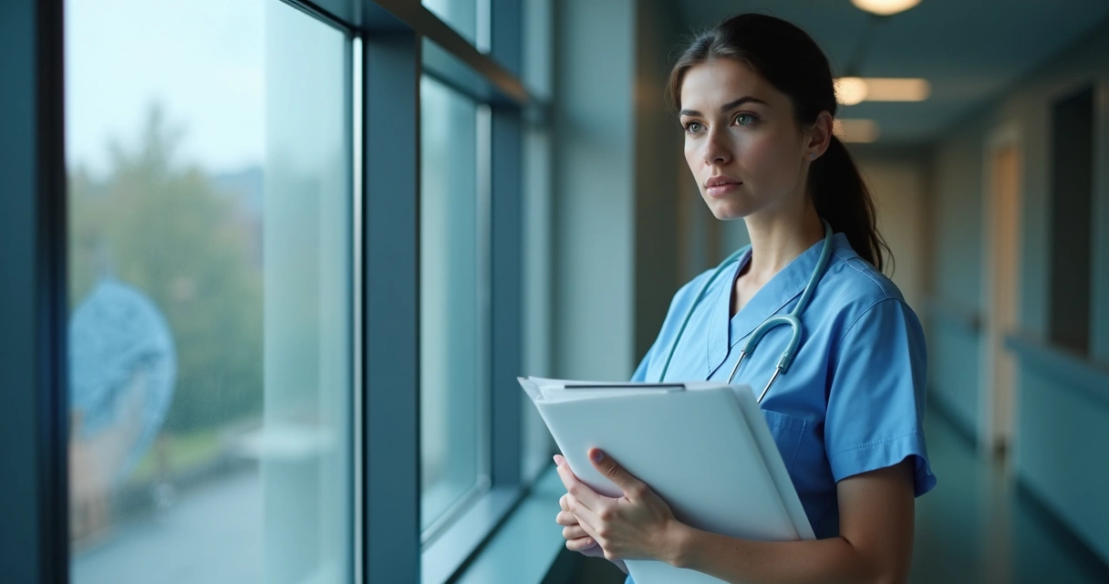 Profesional de salud reflexionando junto a una ventana del hospital 