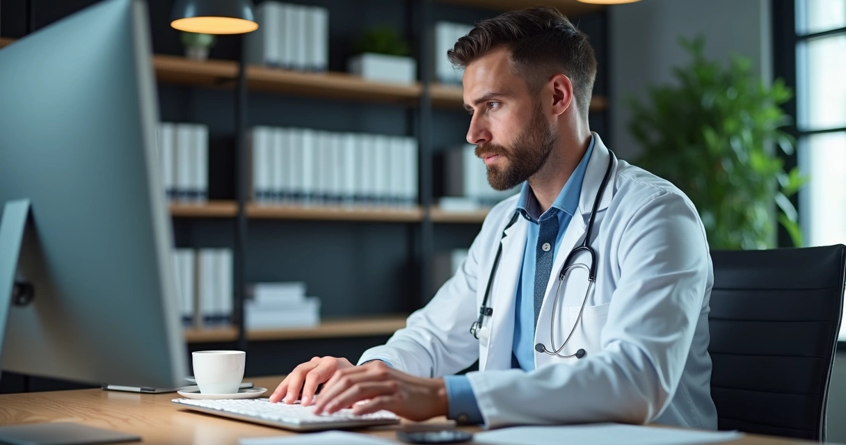 Médico residente consultando documentos legais no computador em escritório bem iluminado 
