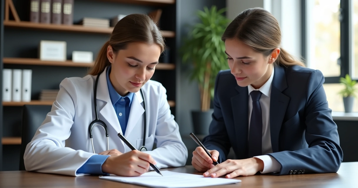 Médico residente assinando documento de auxílio moradia em escritório com advogado 