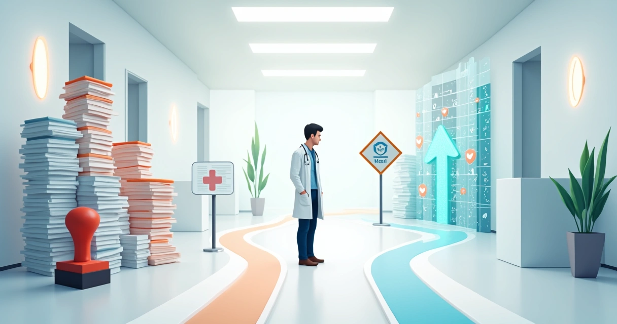 Médico diante de bifurcação entre carimbo de papel e fluxo digital de guias 