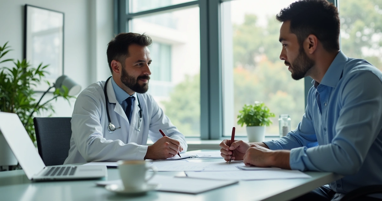Médico em reunião com advogado em escritório moderno olhando documentos 