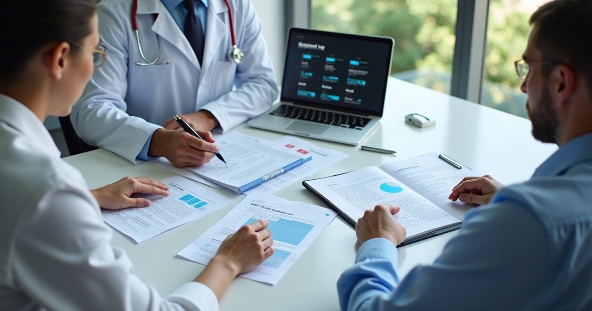 Médico conversando com advogado e paciente, analisando relatórios sobre plano de saúde 