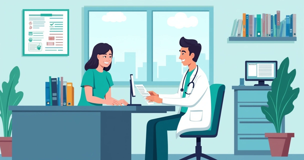 Médico em consultório revisando e digitalizando documentos médicos 