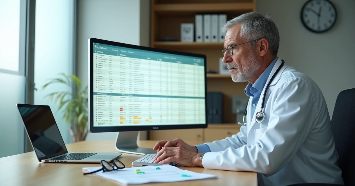 Médico revendo prontuário digital com ferramentas de correção na tela 