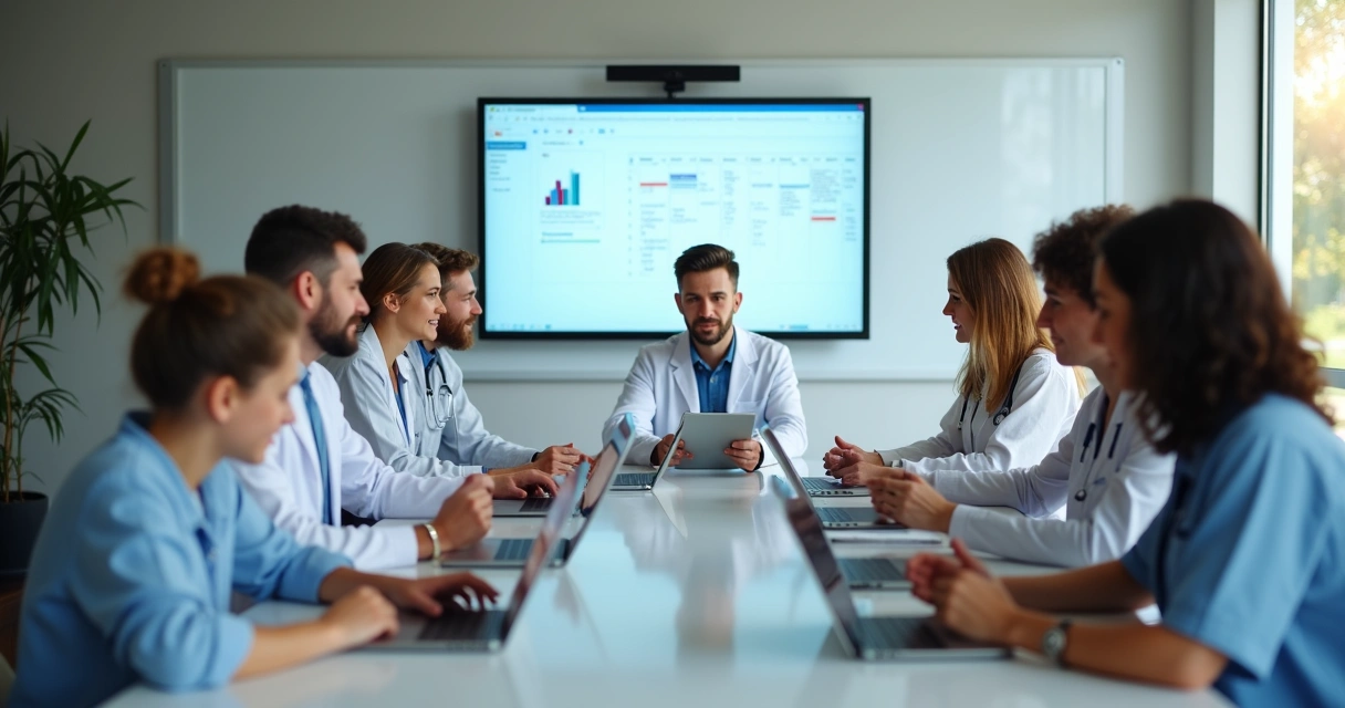 Equipe multi profissional reunida com tablets e computadores 