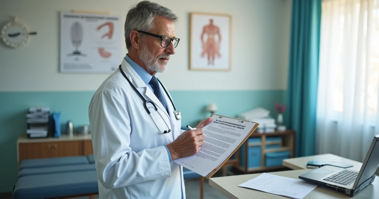 Médico segurando prancheta assinando seguro de responsabilidade civil em consultório 