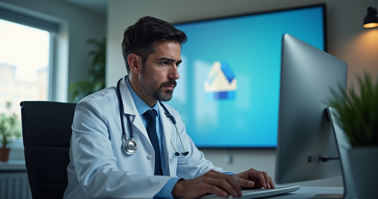 Médico em consultório com expressão preocupada, tela de computador ao fundo sem site aberto e logo do Google Meu Negócio apagado 