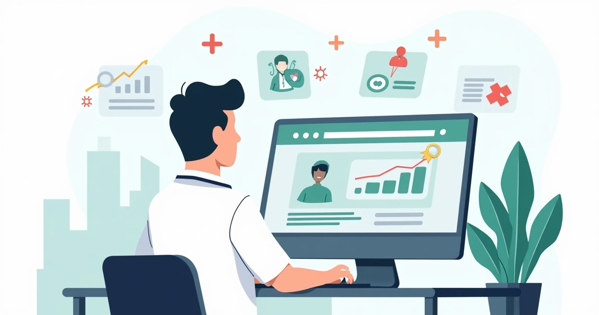 Médico observando no computador o site da clínica com gráficos de crescimento de pacientes 