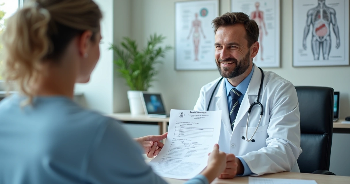 Médico entregando solicitação de exame ao paciente 