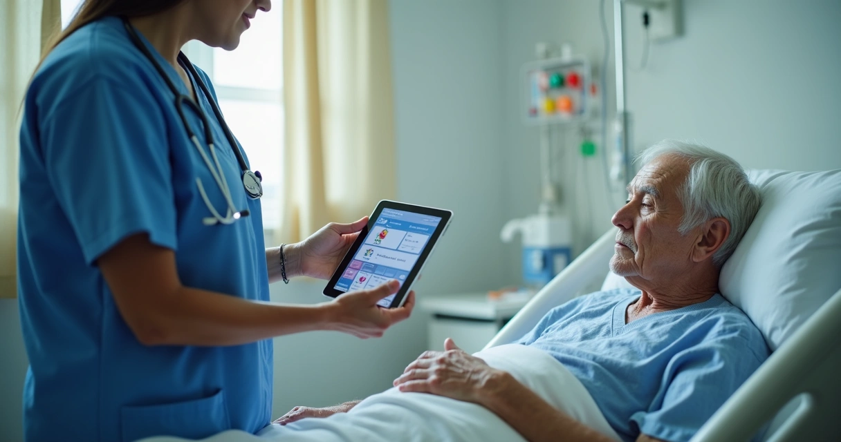 Profissional de saúde consultando informações em tablet ao lado de paciente em hospital público 