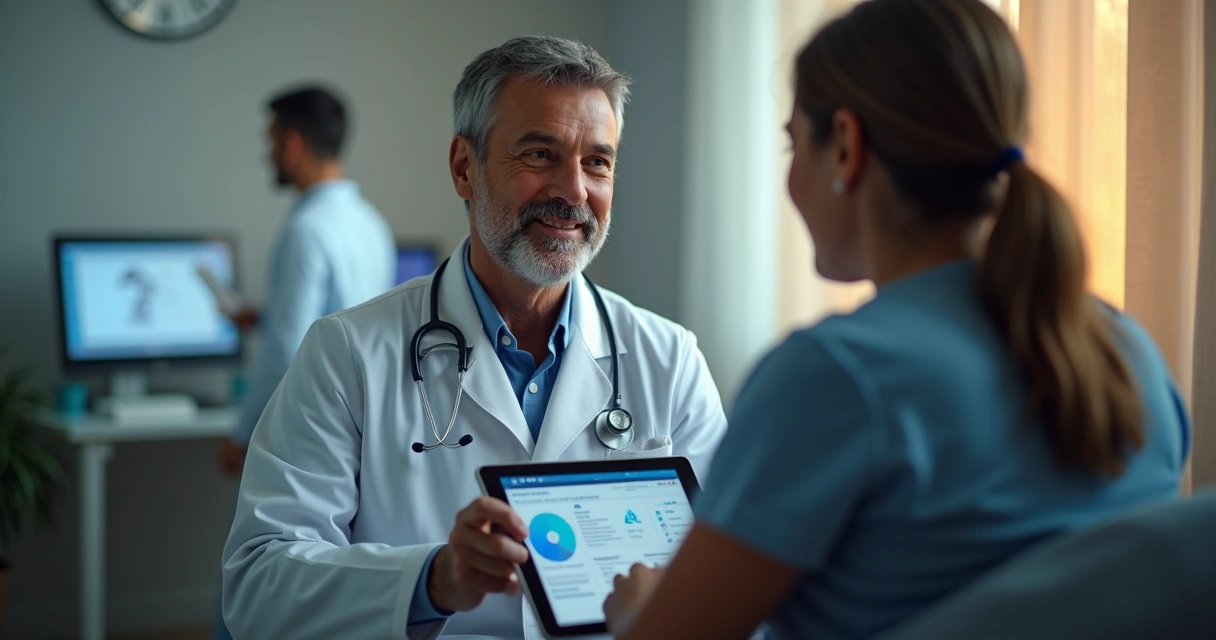 Médico interagindo com tecnologia digital mantendo contato humanizado com paciente 