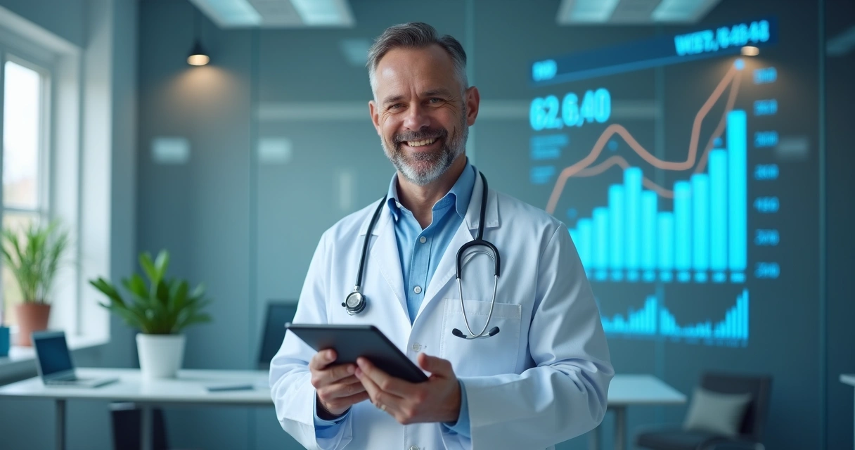 Médico sorridente usando tablet com gráficos financeiros digitais ao fundo