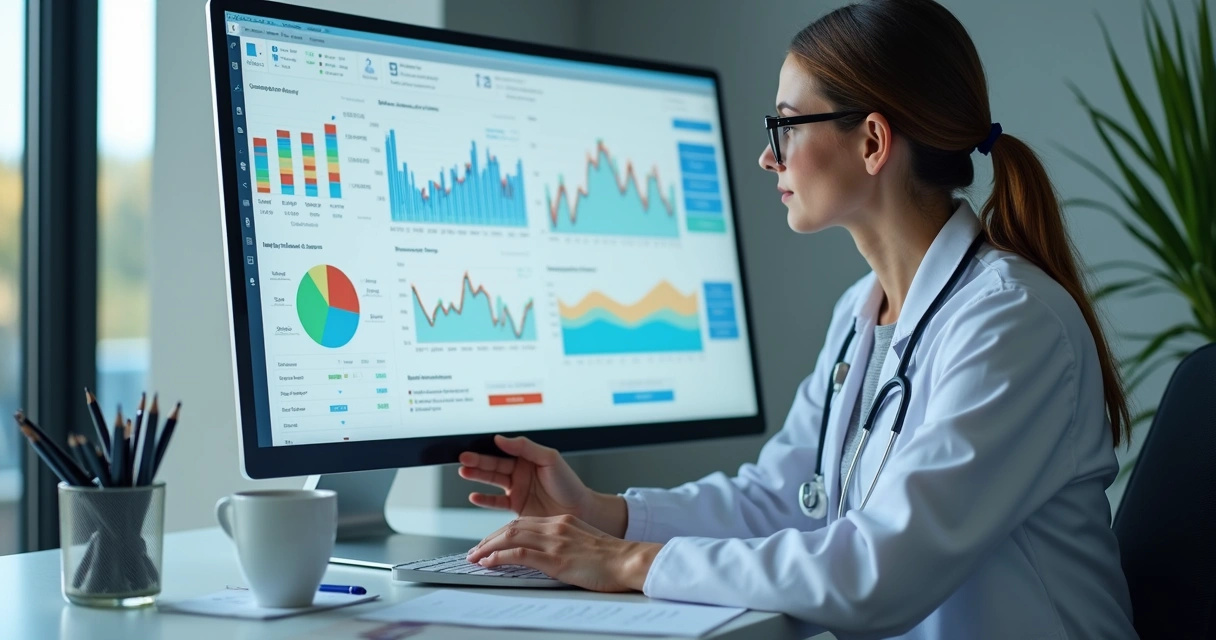 Médico analisa gráficos financeiros em tela de computador