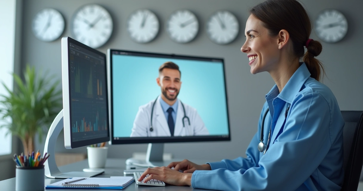 Médico em teleconsulta com relógios de fusos ao fundo 