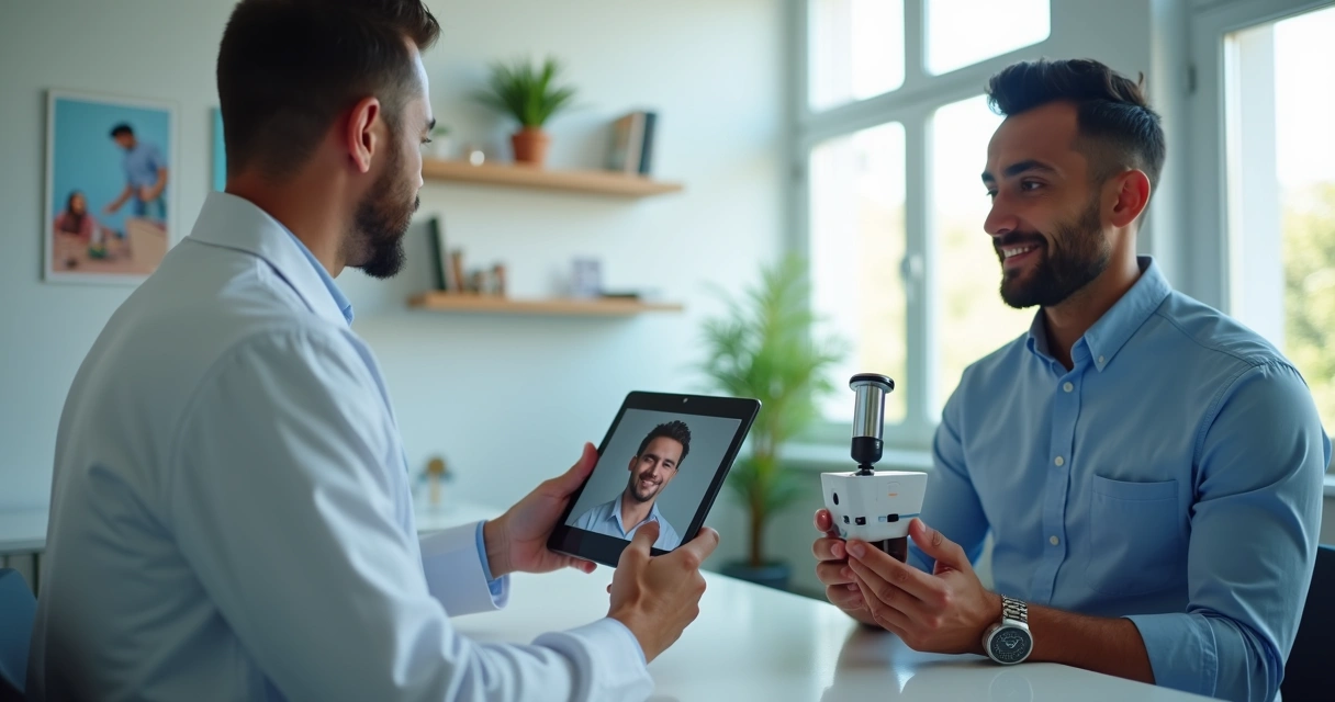 Médico em chamada de vídeo orientando paciente sobre avaliação com orquidômetro 