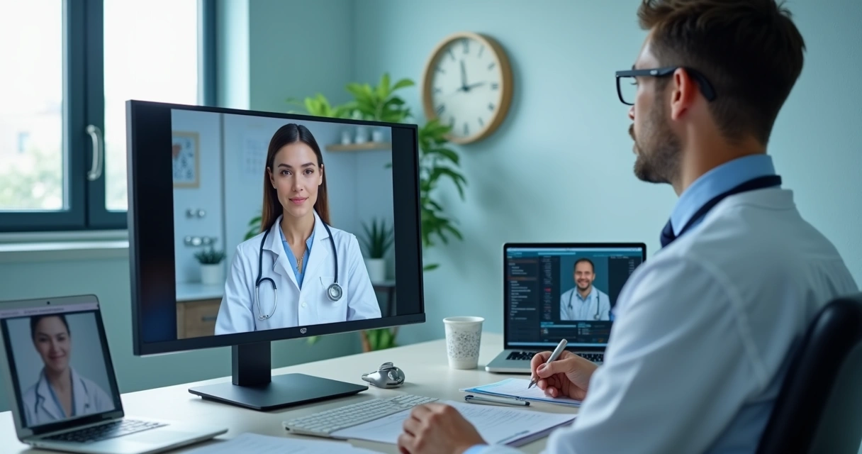 Médico usando telemedicina em consultório, paciente no monitor ao fundo 