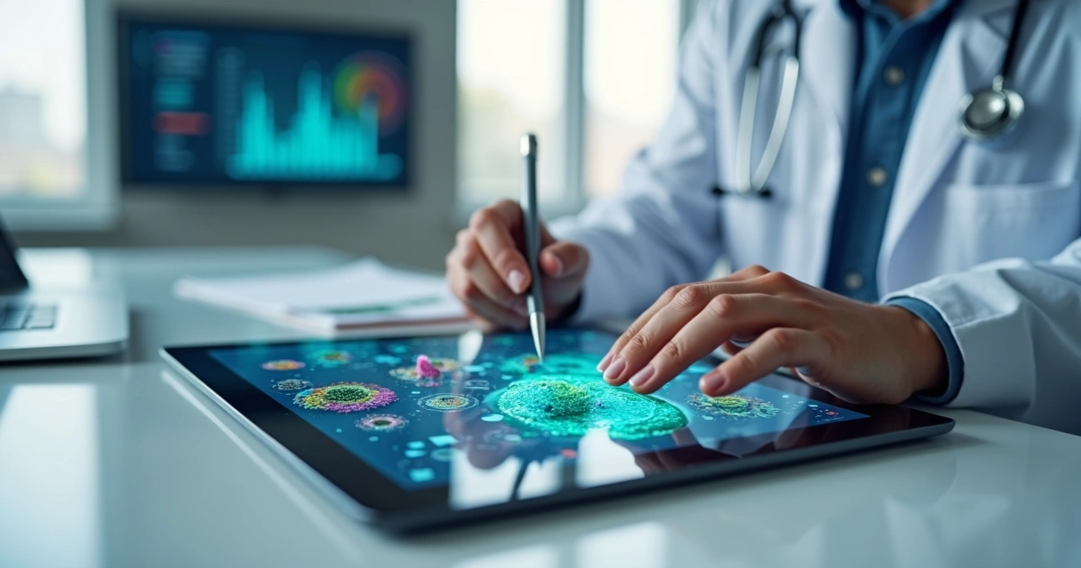 Hematologista mostrando em tablet esquema de célula de linfoma com terapia alvo e imunoterapia 