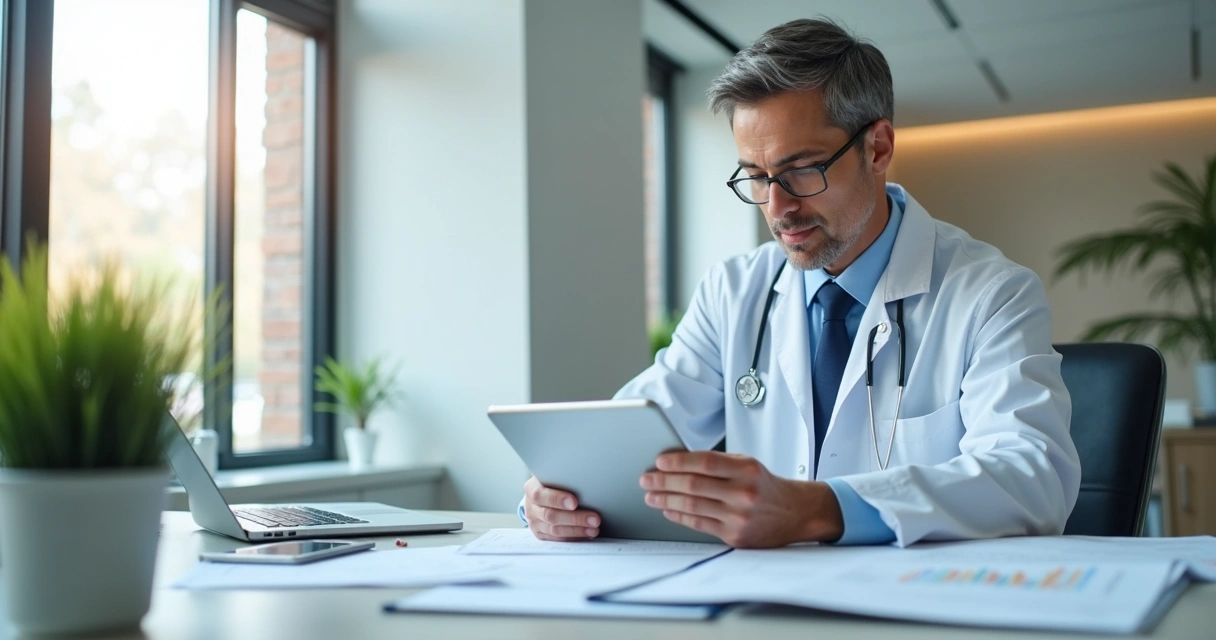 Médico utilizando tablet com documentos empresariais ao lado, ambiente claro e organizado 