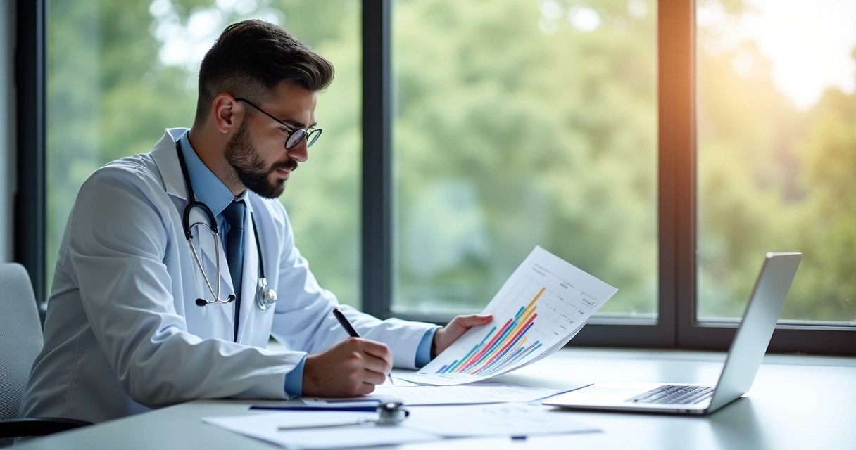 Médico com jaleco analisando planilha financeira em mesa branca, gráficos coloridos e notebook ao lado 