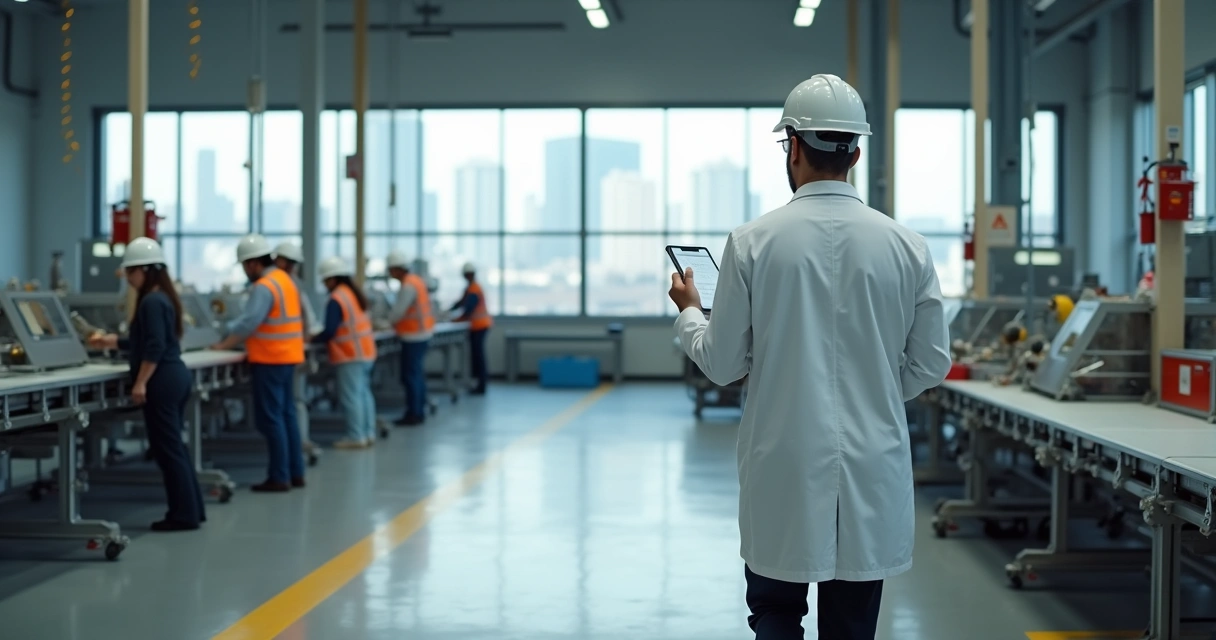 Médico do trabalho observa linha de produção em fábrica moderna 