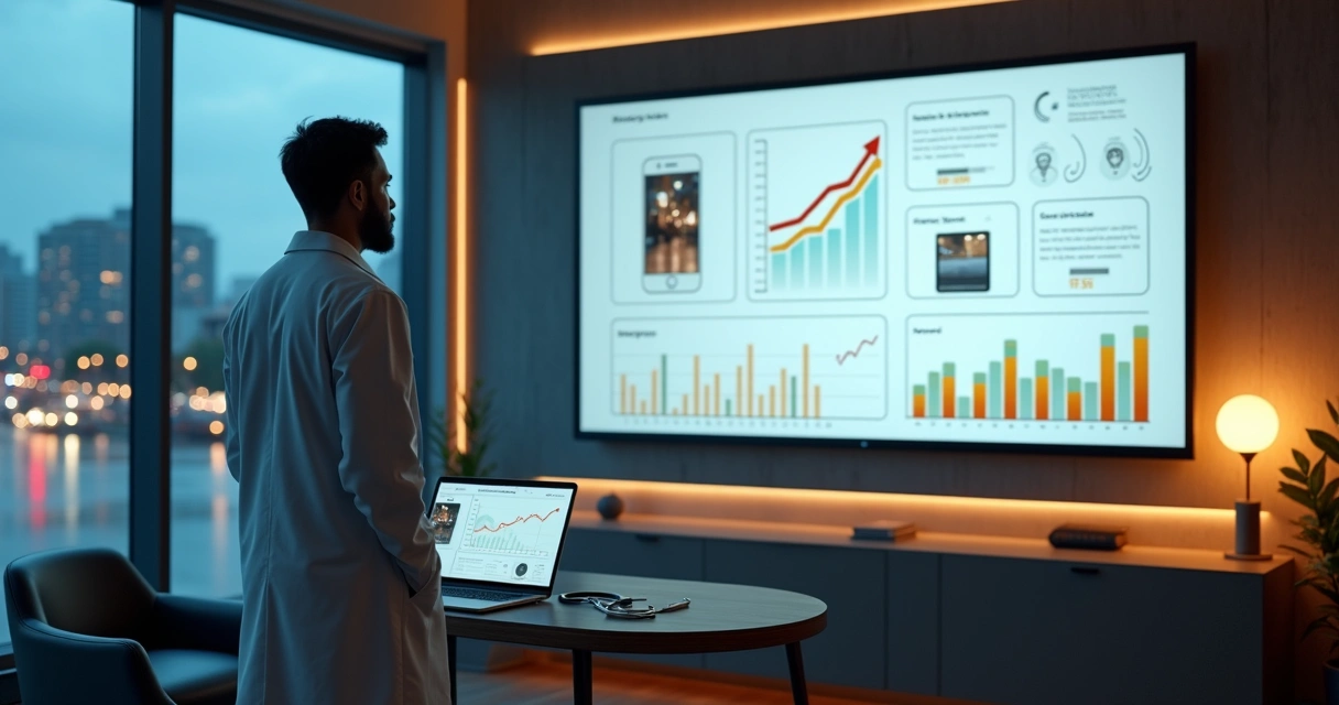 Médico observando em tela grande seus anúncios online com ícones de Google Ads e redes sociais 