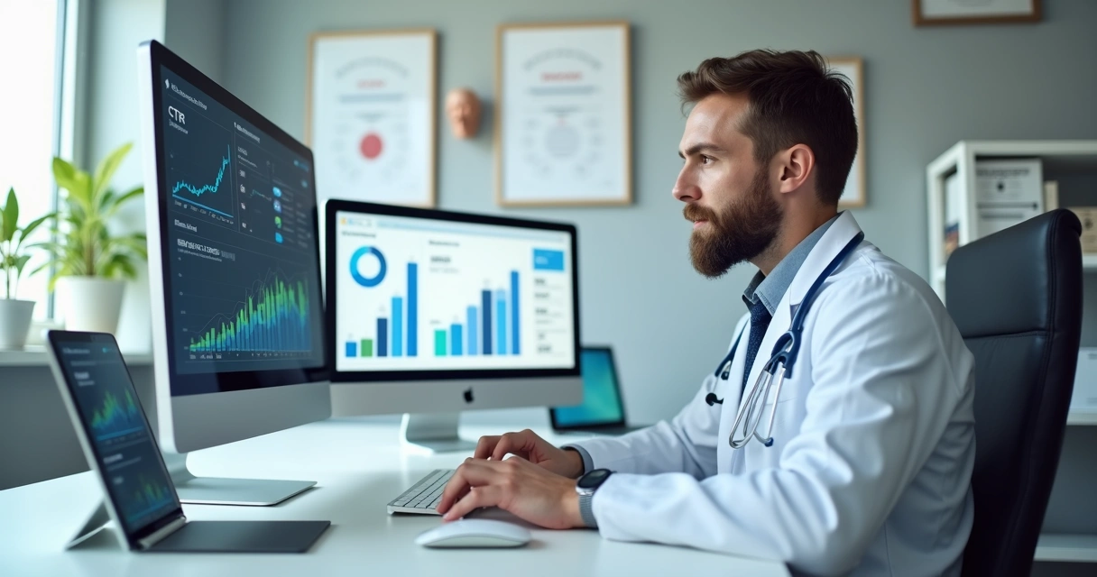 Médico analisando anúncios de tráfego pago em telas de computador e tablet no consultório 