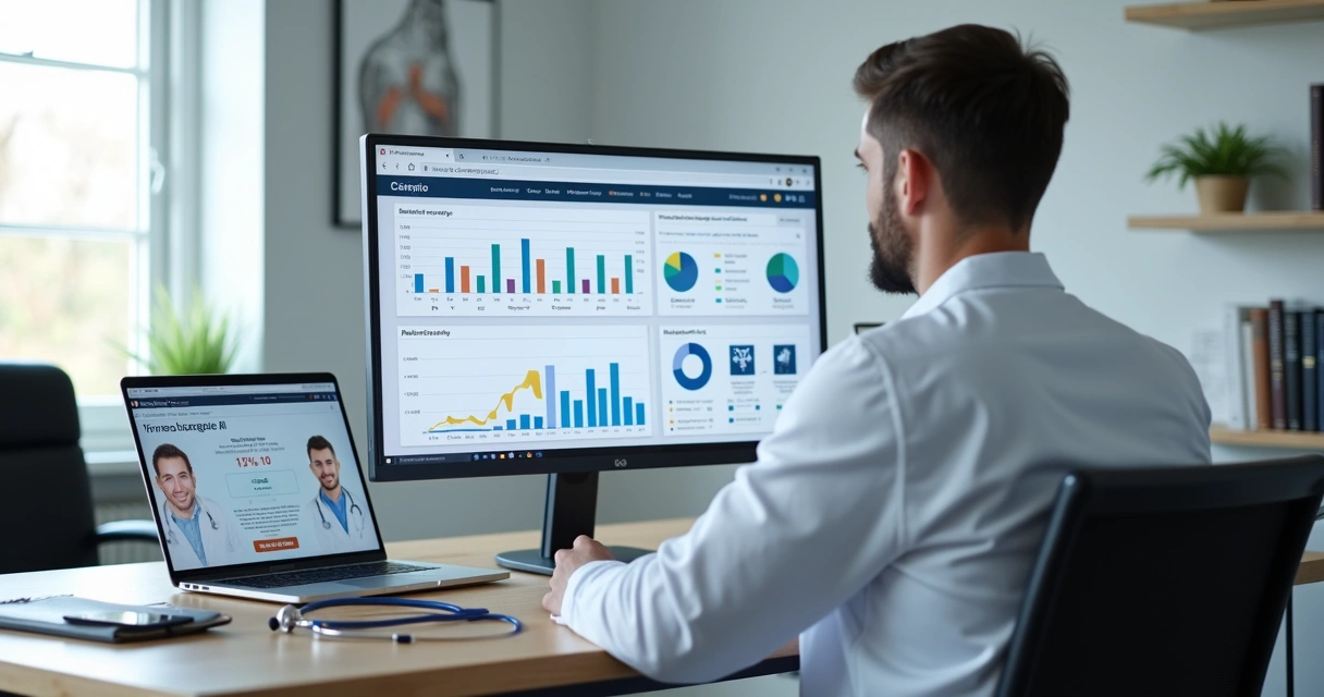 Médico analisando estratégia de anúncios digitais em gráficos no computador 