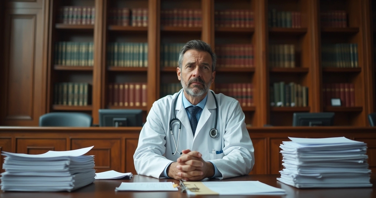 Médico sentado em banco de tribunal olhando para frente com ar preocupado, pilhas de processos e prontuários médicos espalhados, ambiente de fórum, luz natural suave 