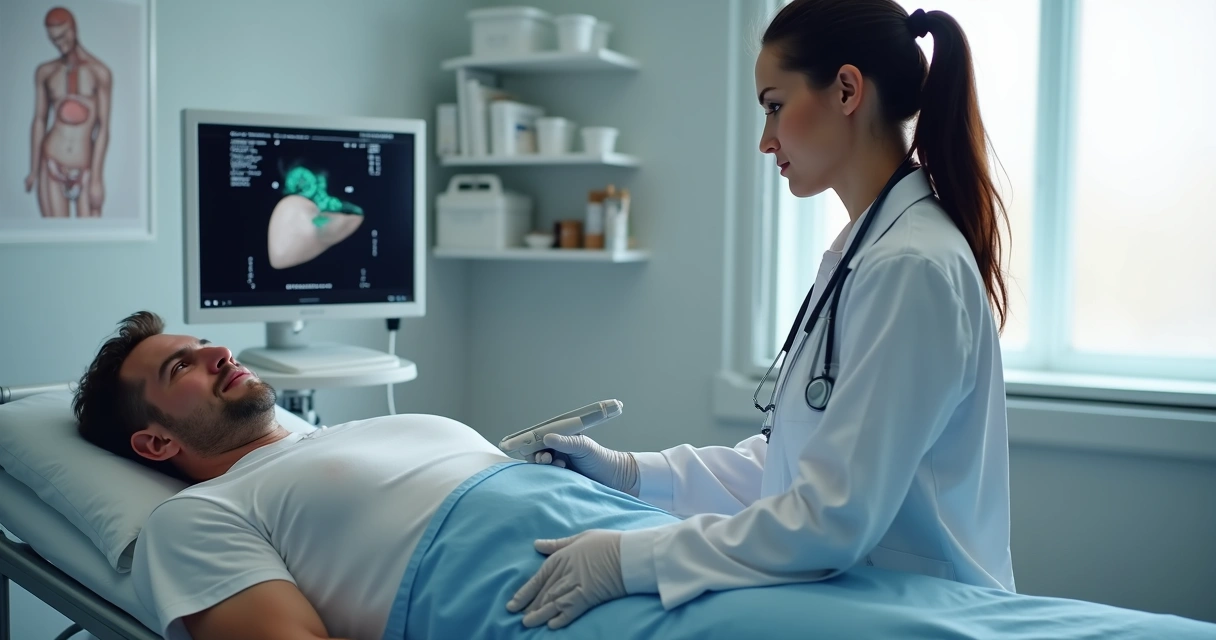 Médica realizando exame de ultrassom do fígado em paciente deitado em maca 