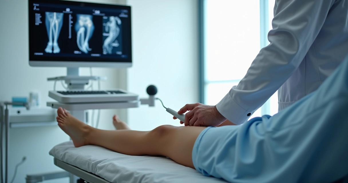 Médico realizando ultrassom vascular na perna 