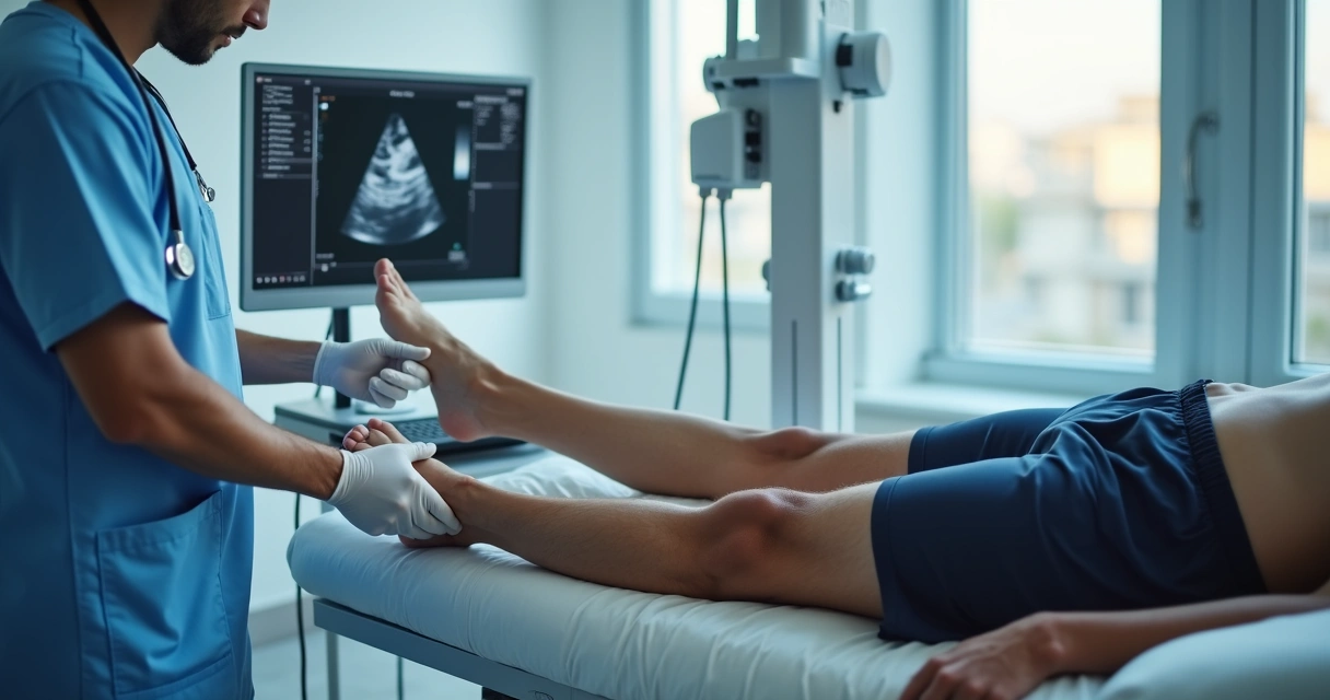 Médico realizando ultrassom vascular nas pernas de paciente atleta 