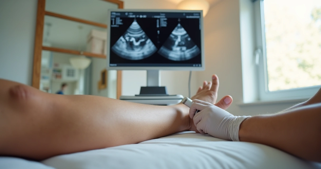 Médico realizando ultrassom vascular nas pernas de paciente em clínica moderna 