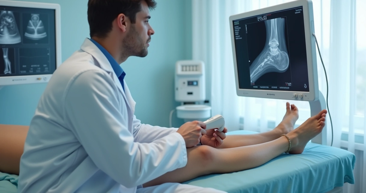 Médico avaliando veias das pernas com ultrassom 