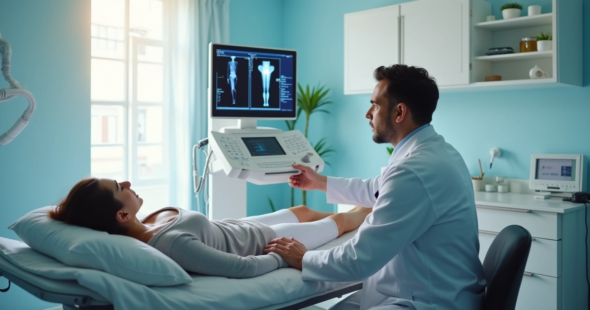 Médico vascular avaliando pernas com ultrassom em consultório 