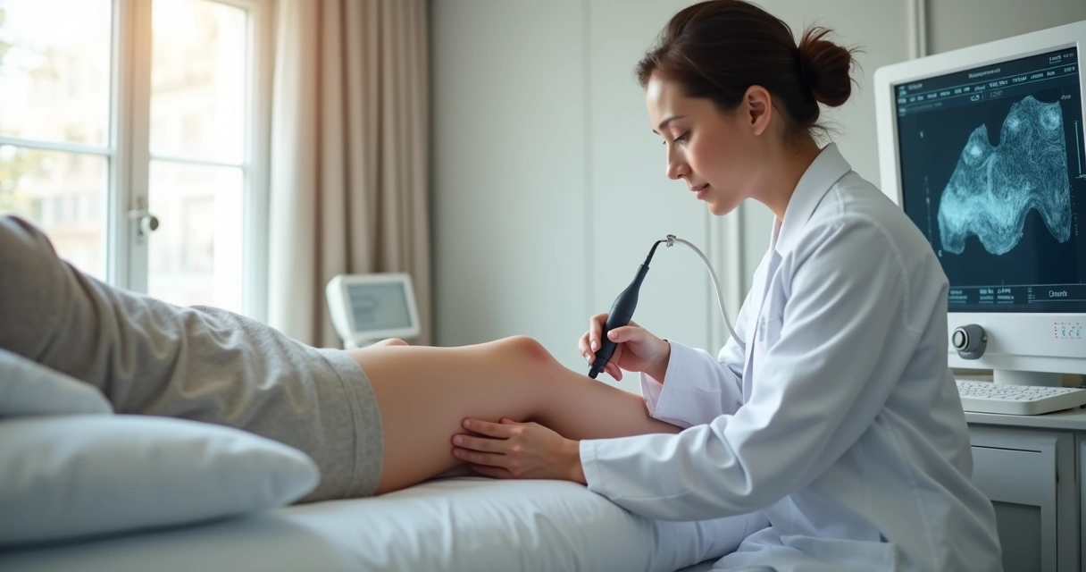 Médico realizando ultrassom vascular na perna 