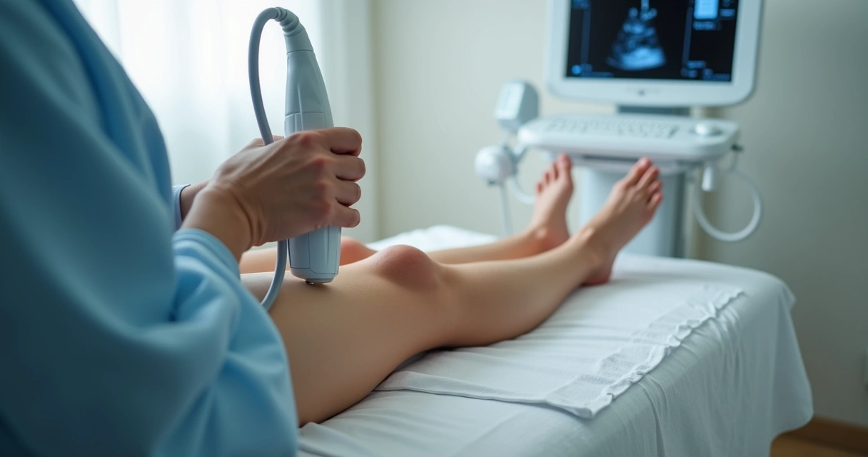 Médico realizando ultrassom vascular nas pernas de paciente 