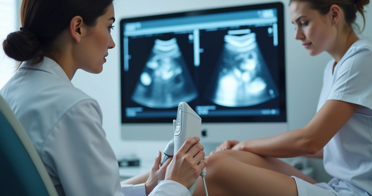 Médico utilizando ultrassom nas pernas de uma paciente para avaliar varizes 
