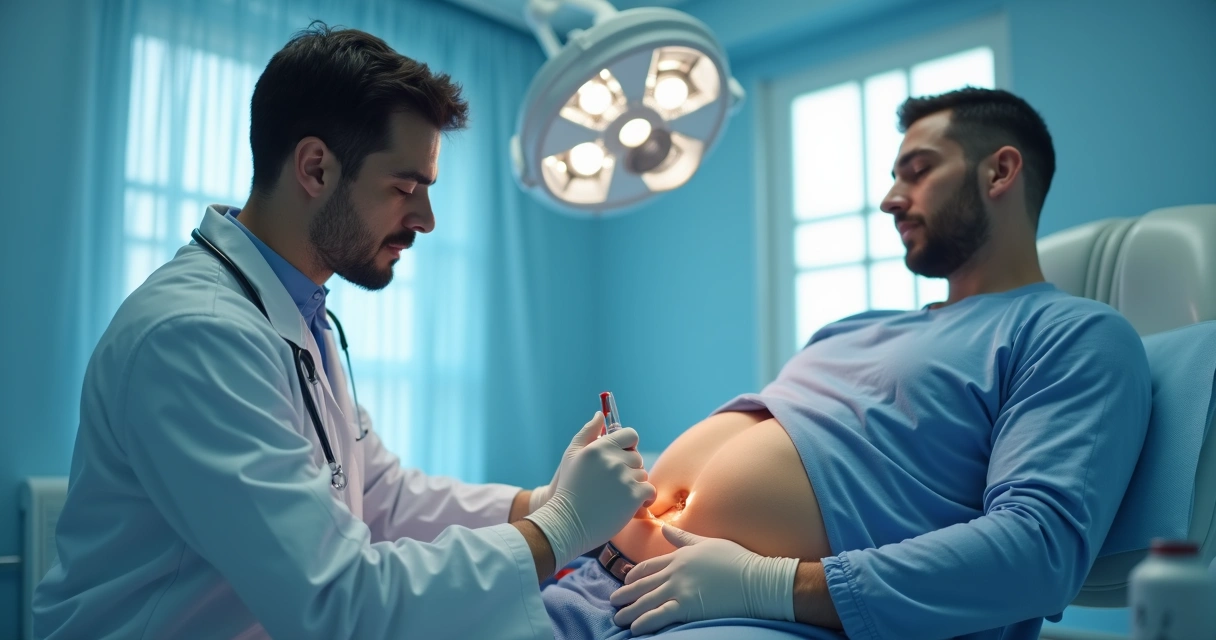 Urologista examinando paciente para bioplastia peniana 